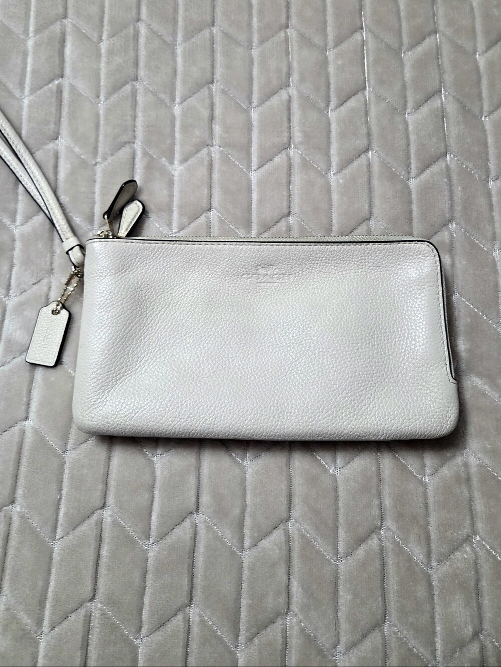 Coach Pebbled Leather Double Zipper Wristlet in Light Cream